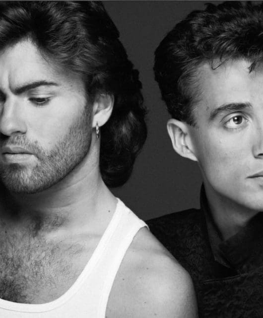 George Michael and Andrew Ridgeley in black and white