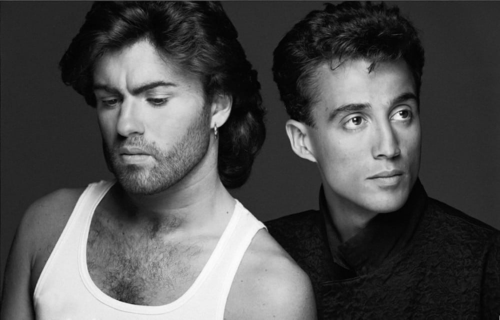 George Michael and Andrew Ridgeley in black and white